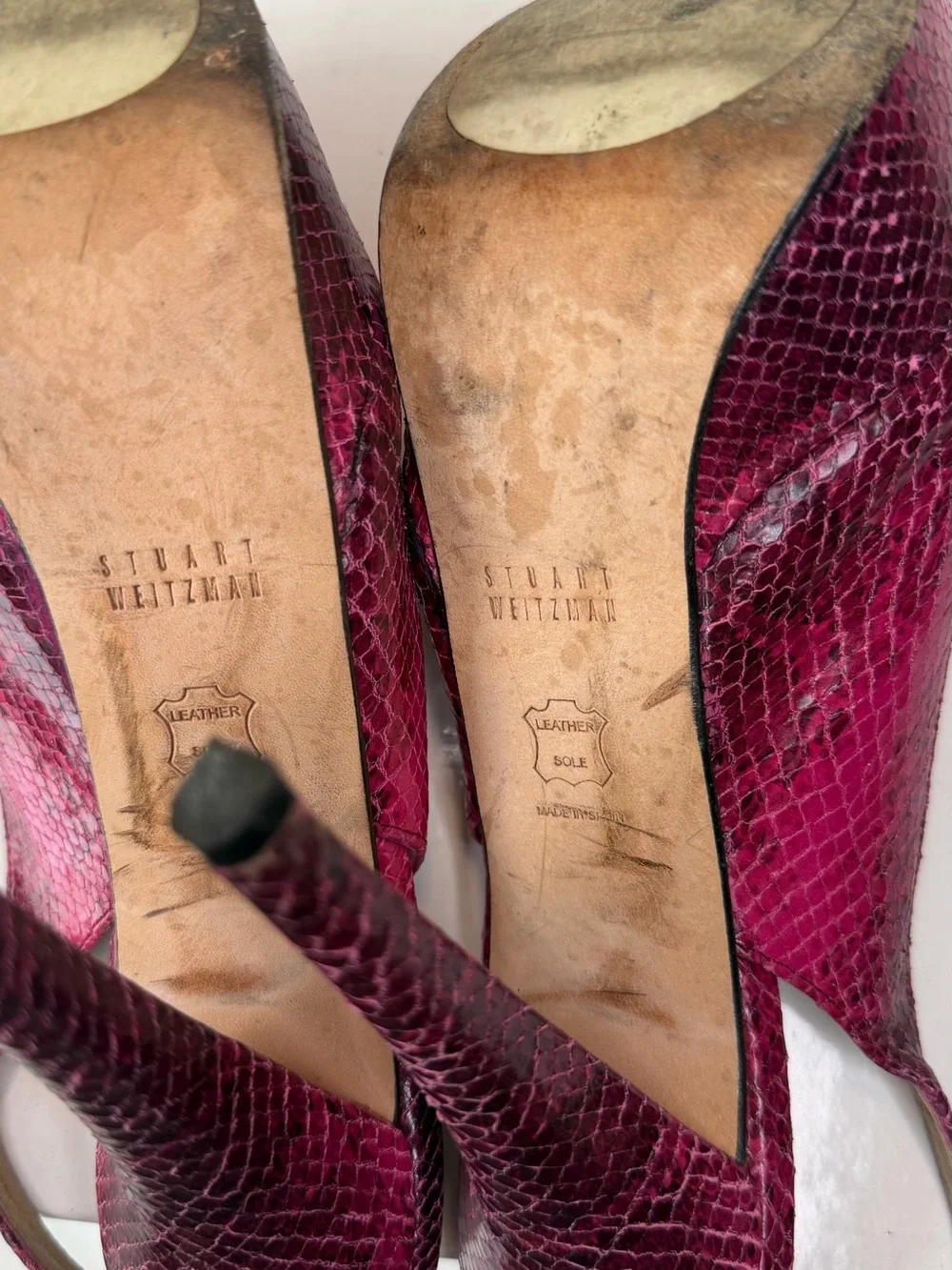 Stuart Weitzman Fuchsia Snakeskin Peep-Toe Slingback Heels